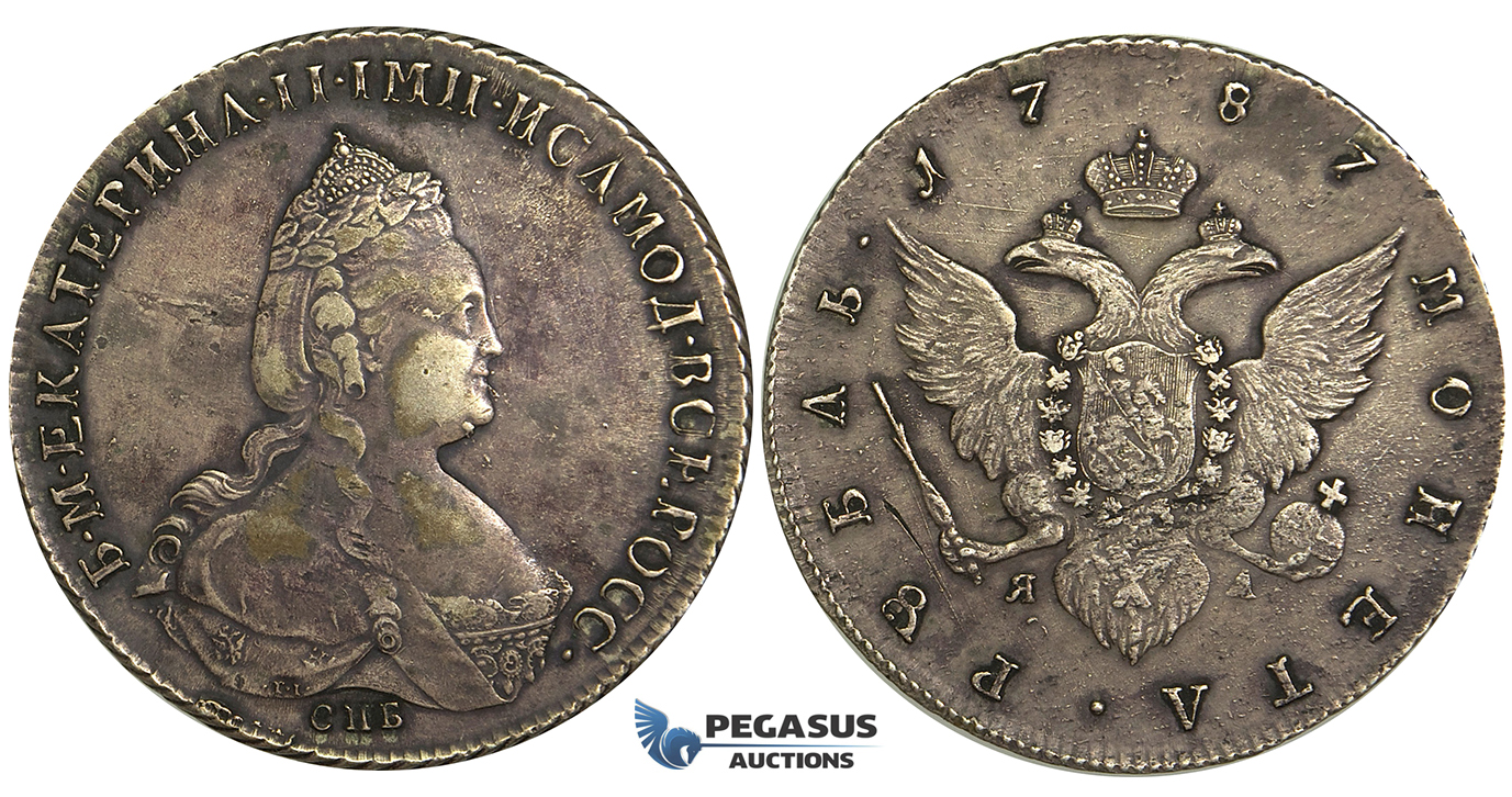 R21, Russia, Catherine II, Rouble 1787 СПБ-ЯА, St. Petersburg, Silver, Toned & Nice!