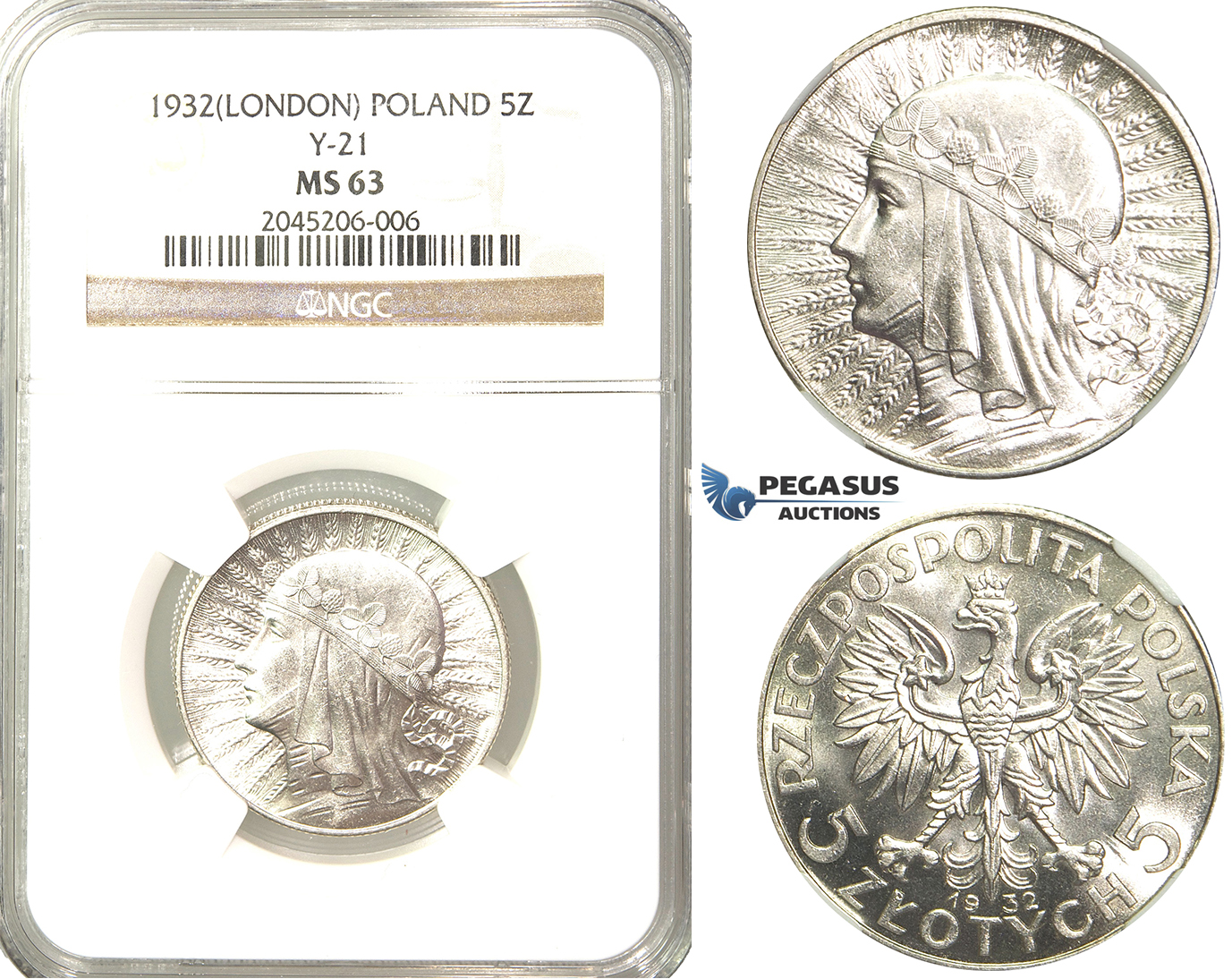 R225, Poland, 5 Zlotych 1932, London, Silver, NGC MS63 Fully frosted!