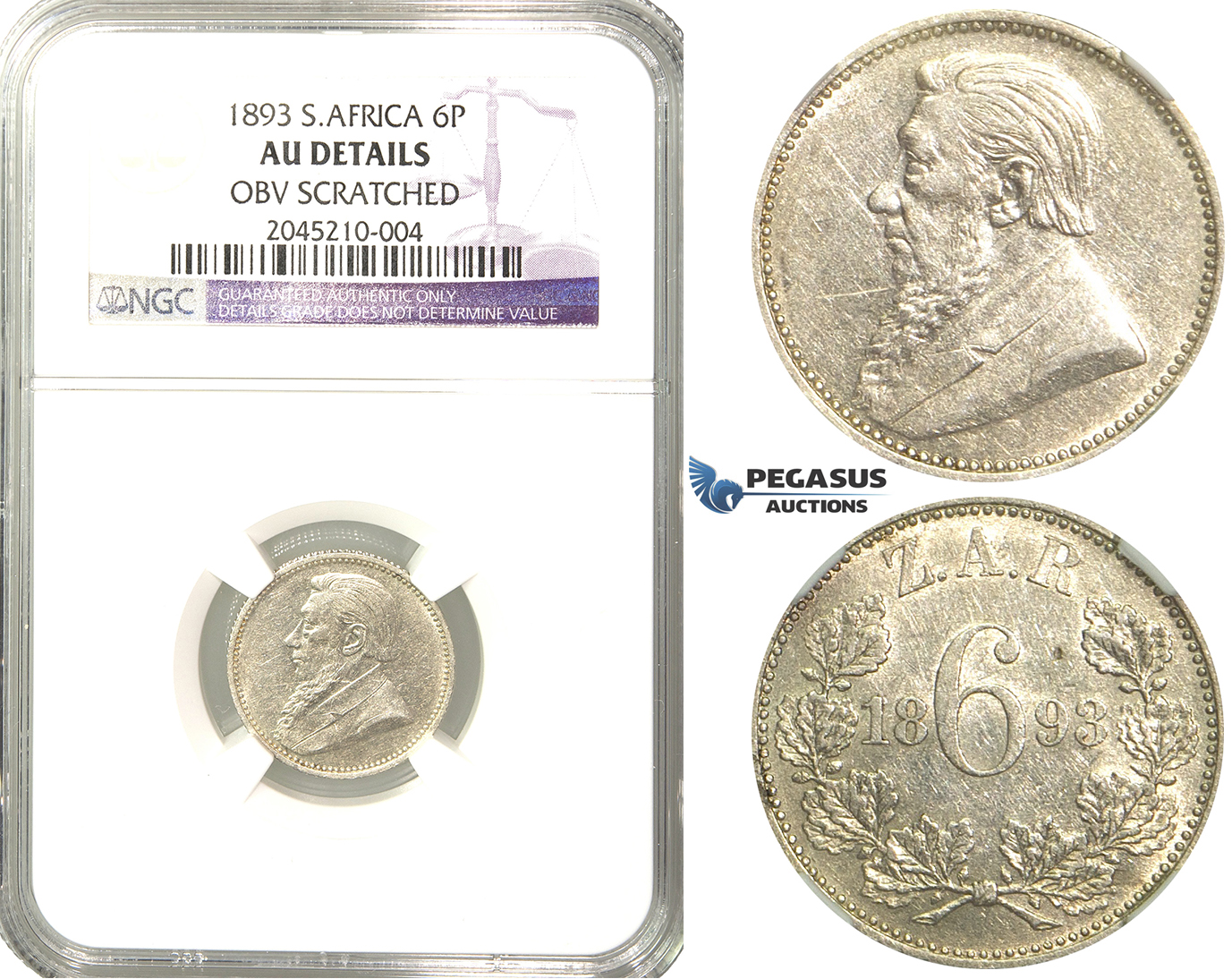 R227, South Africa (ZAR) Sixpence 1893, Silver, NGC AU Details, Rare!
