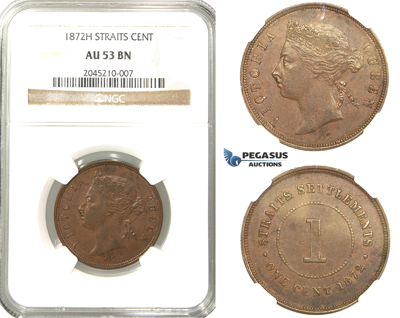 R229, Straits Settlements, Victoria, Cent 1872-H, Heaton, NGC AU53BN