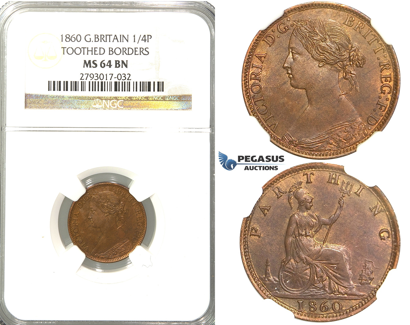R307, Great Britain, Victoria, Farthing 1860 "TB/TB" NGC MS64BN