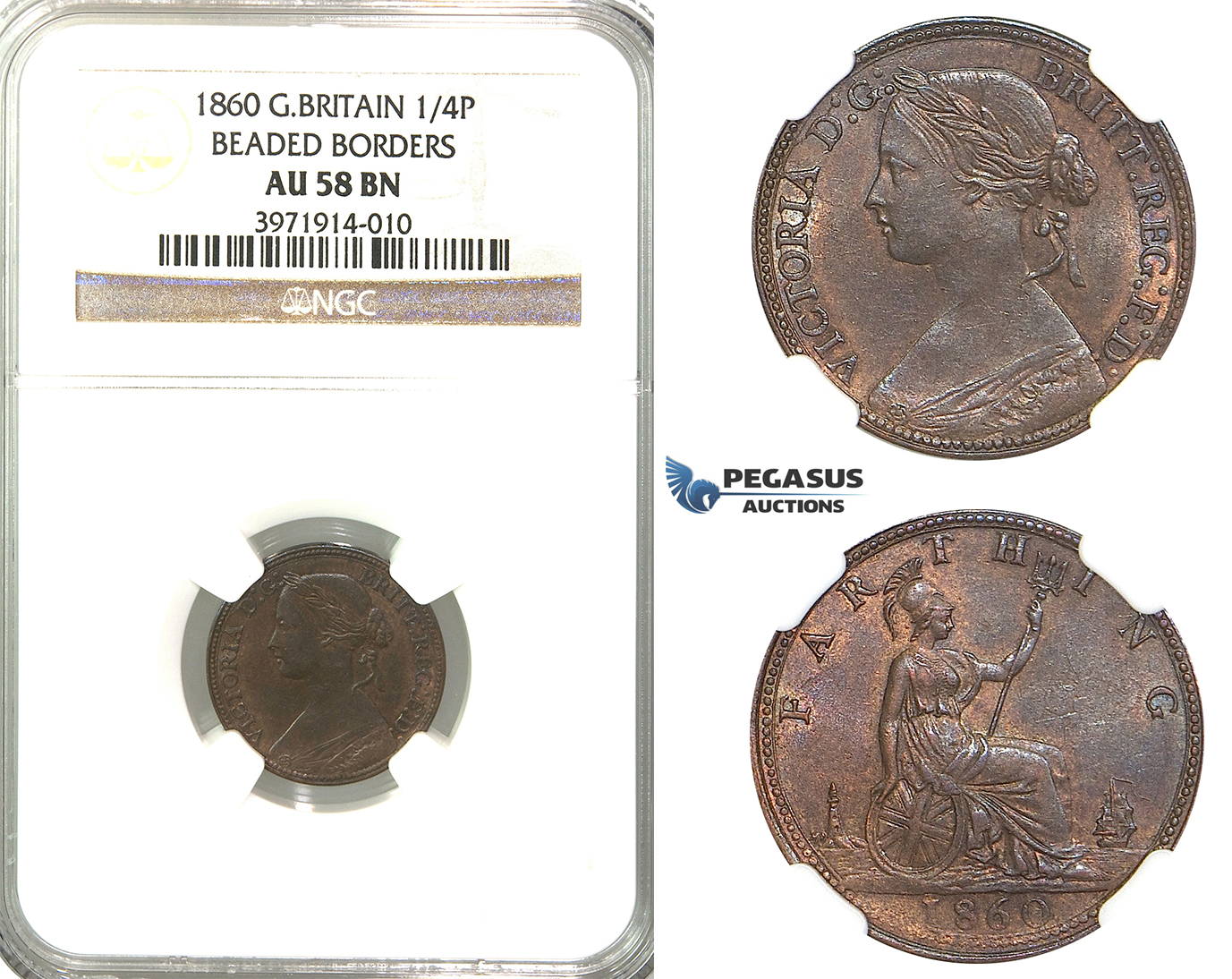 R318, Great Britain, Victoria, Farthing 1860 (BB/BB) NGC AU58BN