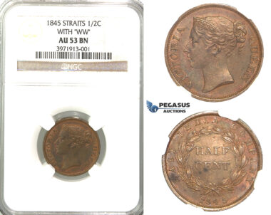 R319, Straits Settlements, Victoria, 1/2 Cent 1845 (WW) NGC AU53BN