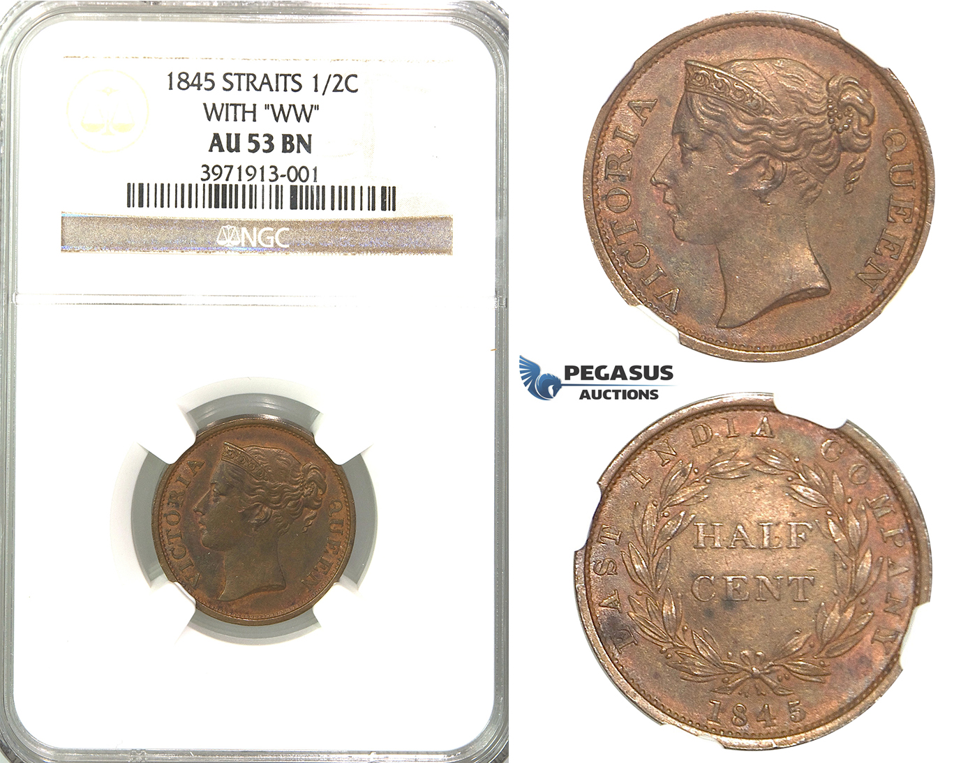 R319, Straits Settlements, Victoria, 1/2 Cent 1845 (WW) NGC AU53BN