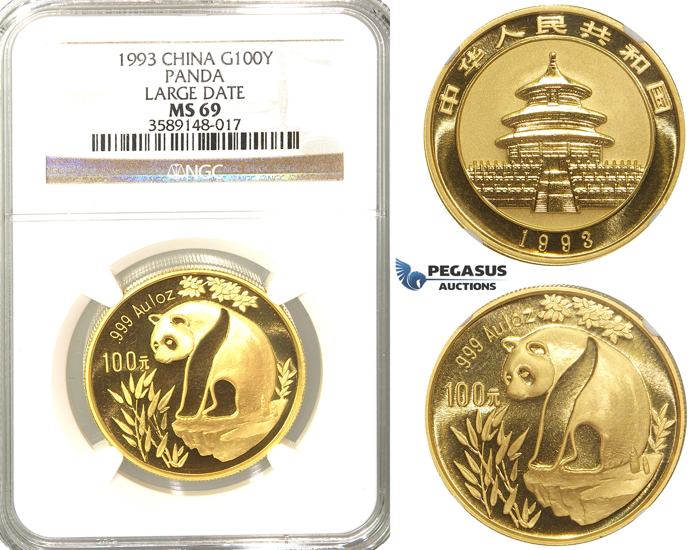 R32, China, “Panda” 100 Yuan 1993 (Large date) Gold (1 oz.) NGC MS69