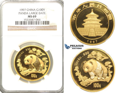 R33, China, “Panda” 100 Yuan 1997 (Large date) Gold (1 oz.) NGC MS69