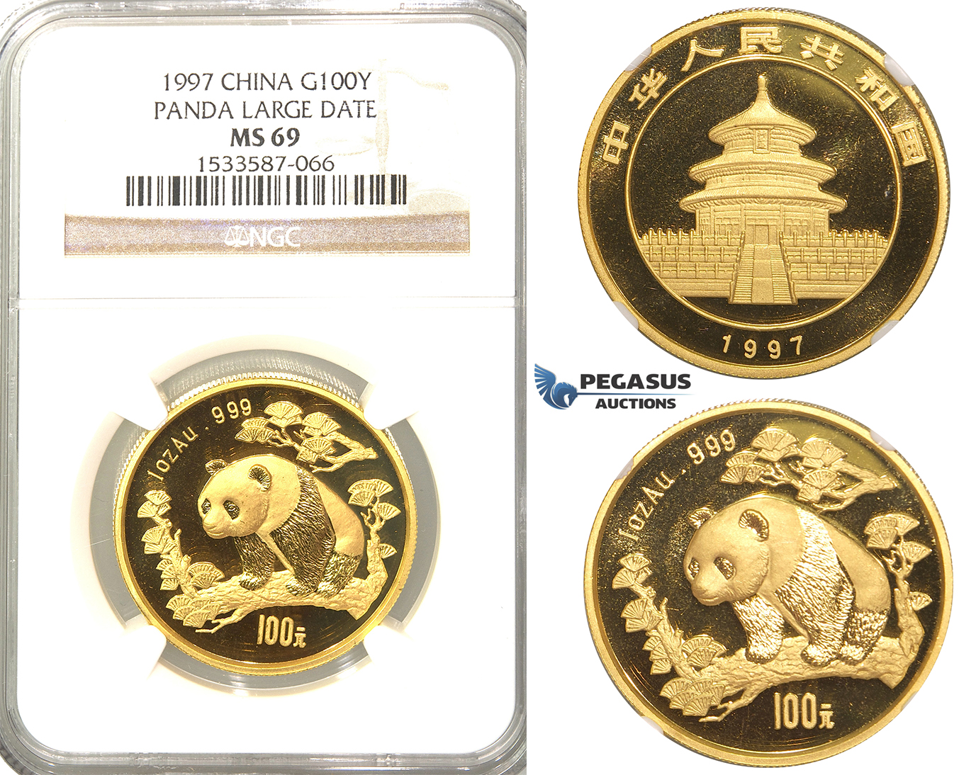 R33, China, “Panda” 100 Yuan 1997 (Large date) Gold (1 oz.) NGC MS69