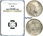 R385, India (British) Edward VII, 2 Annas 1905 (C) Calcutta, Silver, NGC MS64