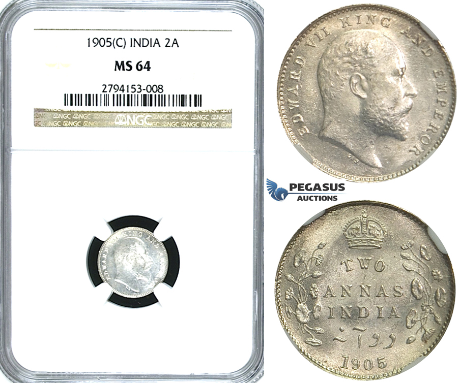 R385, India (British) Edward VII, 2 Annas 1905 (C) Calcutta, Silver, NGC MS64