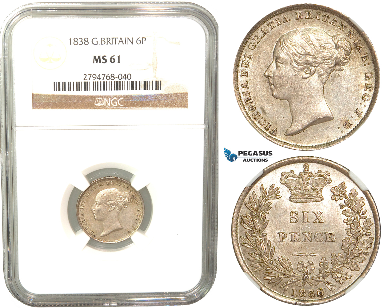 R436, Great Britain, Victoria, Sixpence (6 Pence) 1838, Silver, NGC MS61