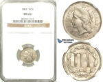 R515, United States, 3 Cents 1865, NGC MS63