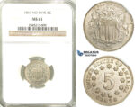 R516, United States, Shield Nickel (5C.) 1867 "No Rays" NGC MS61