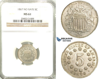 R516, United States, Shield Nickel (5C.) 1867 "No Rays" NGC MS61