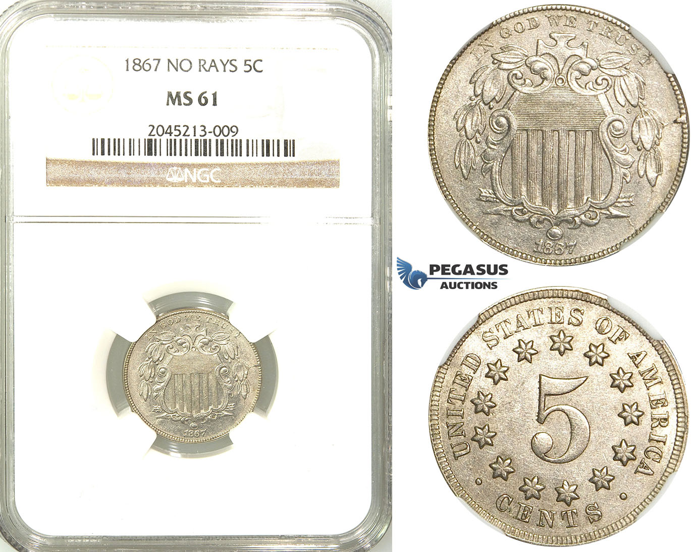 R516, United States, Shield Nickel (5C.) 1867 "No Rays" NGC MS61
