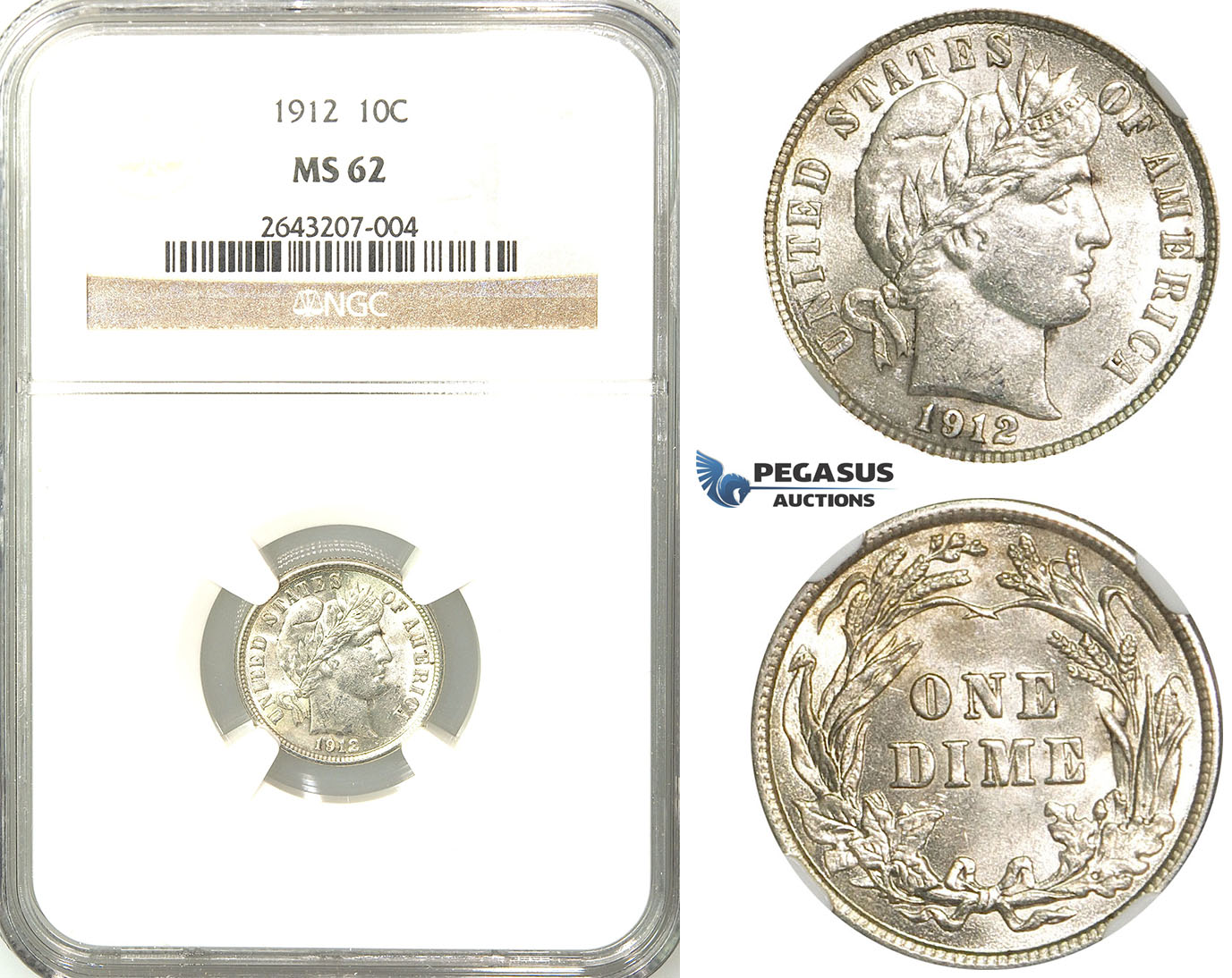 R529, United States, Barber Dime (10C.) 1912, Silver, NGC MS62