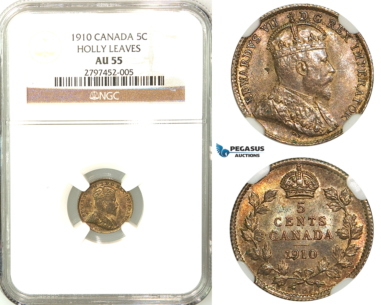 R560, Canada, Edward VII, 5 Cents 1910 (Holly leaves) Silver, NGC AU55