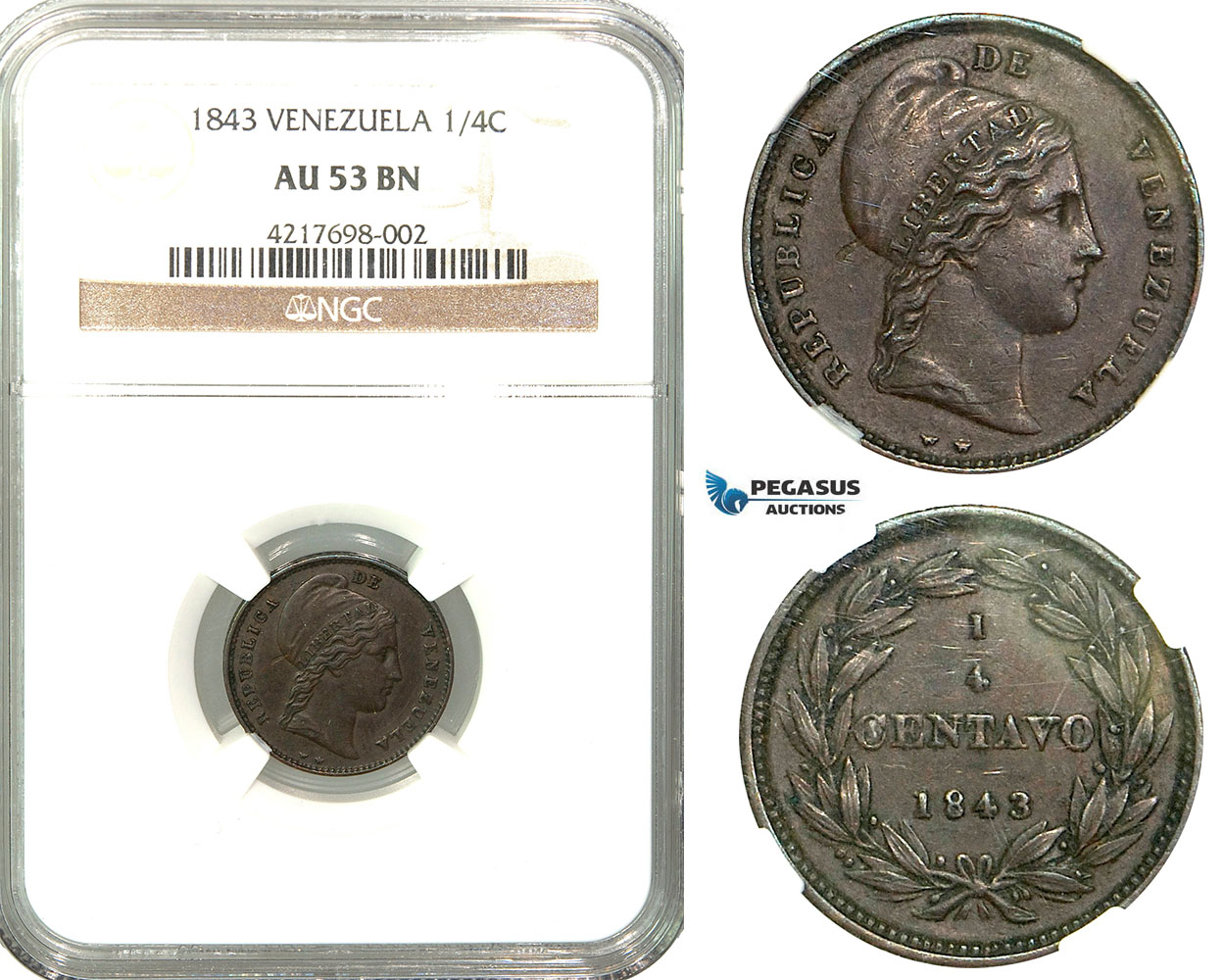 R591, Venezuela, 1/4 Centavo 1843-WW, NGC AU53
