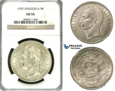 R621, Venezuela, 5 Bolivares 1929, Silver, NGC AU55
