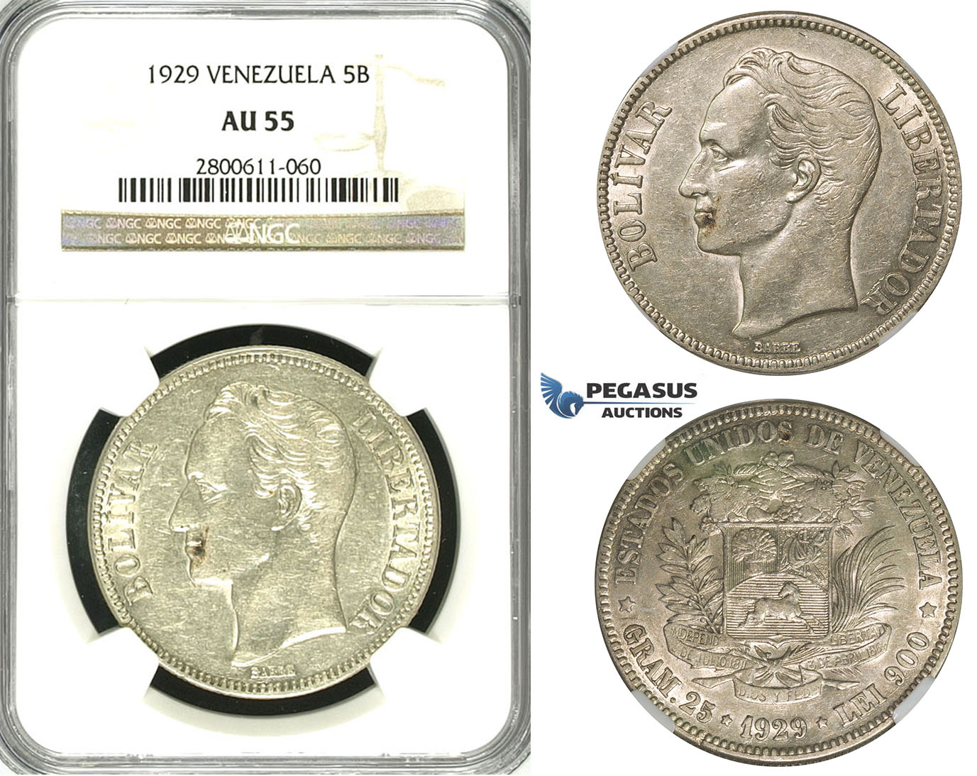 R621, Venezuela, 5 Bolivares 1929, Silver, NGC AU55