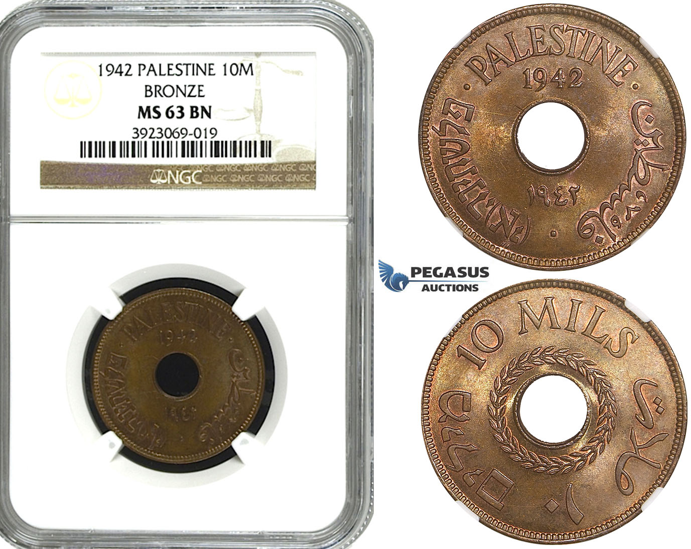 R645, Palestine, 10 Mils 1942, Bronze, NGC MS63