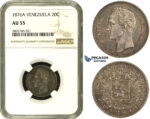 R682, Venezuela, 20 Centavos 1876-A, Paris, Silver, NGC AU55, Rare!