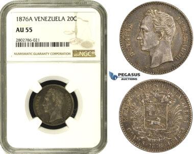 R682, Venezuela, 20 Centavos 1876-A, Paris, Silver, NGC AU55, Rare!