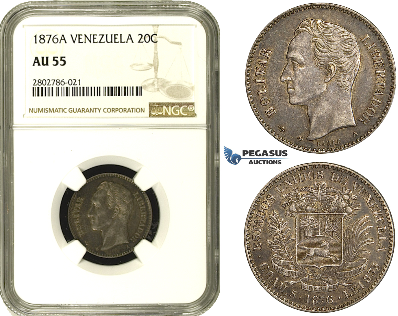 R682, Venezuela, 20 Centavos 1876-A, Paris, Silver, NGC AU55, Rare!