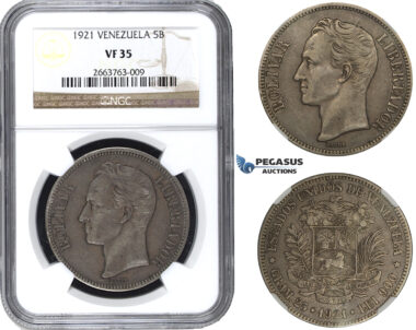 R685, Venezuela, 5 Bolivares 1921, Philadelphia, Silver, NGC VF35