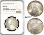 R786, Norway, Haakon VII, 2 Kroner 1913, Kongsberg, Silver, NGC MS64
