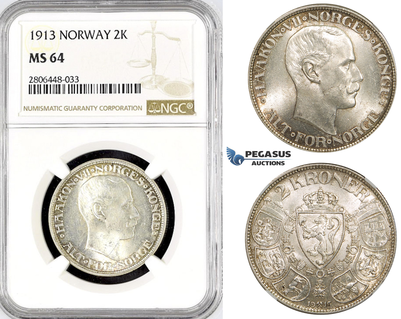 R786, Norway, Haakon VII, 2 Kroner 1913, Kongsberg, Silver, NGC MS64