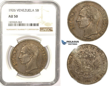 R830, Venezuela, 5 Bolivares 1926, Silver, NGC AU50