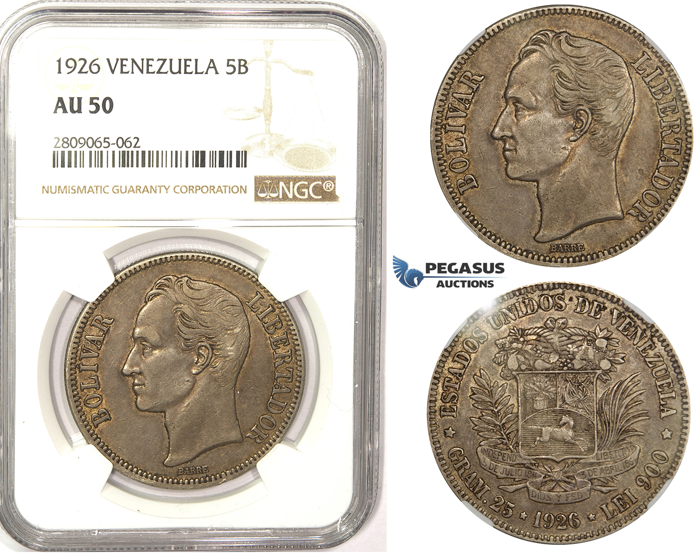 R830, Venezuela, 5 Bolivares 1926, Silver, NGC AU50