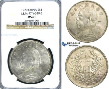 R93, China “Fat man” Yuan (Dollar) Year 9 (1920) Silver, NGC MS61