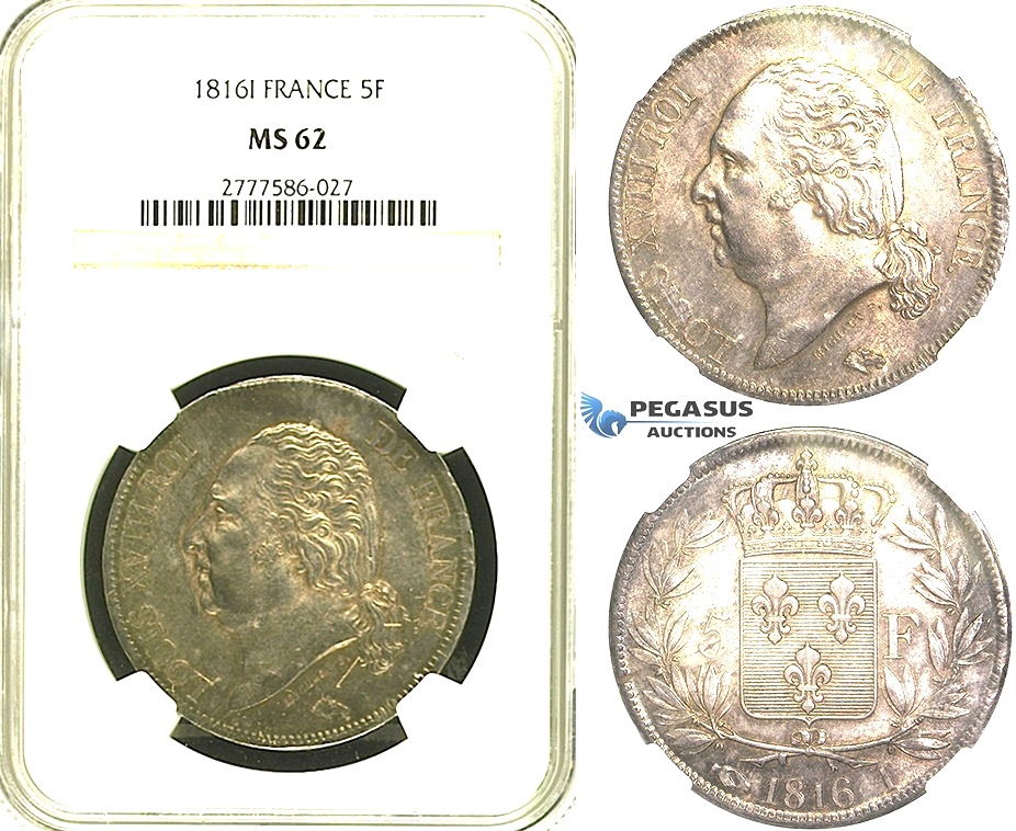 S18, France, Louis XVIII, 5 Francs 1816-I, Limoges, Silver, NGC MS62 (Pop 1/1, Finest) Rare!