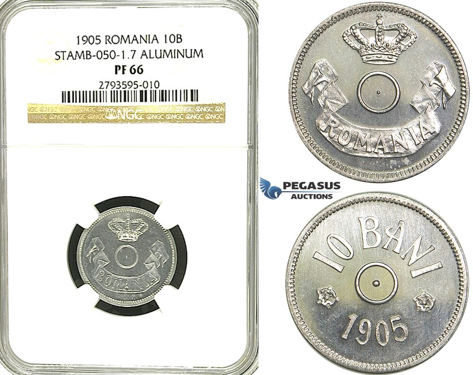 S32, Romania, Carol I, Pattern 10 Bani 1905, Brussels, Aluminum, NGC PF66 (Pop 1/1, Finest!)