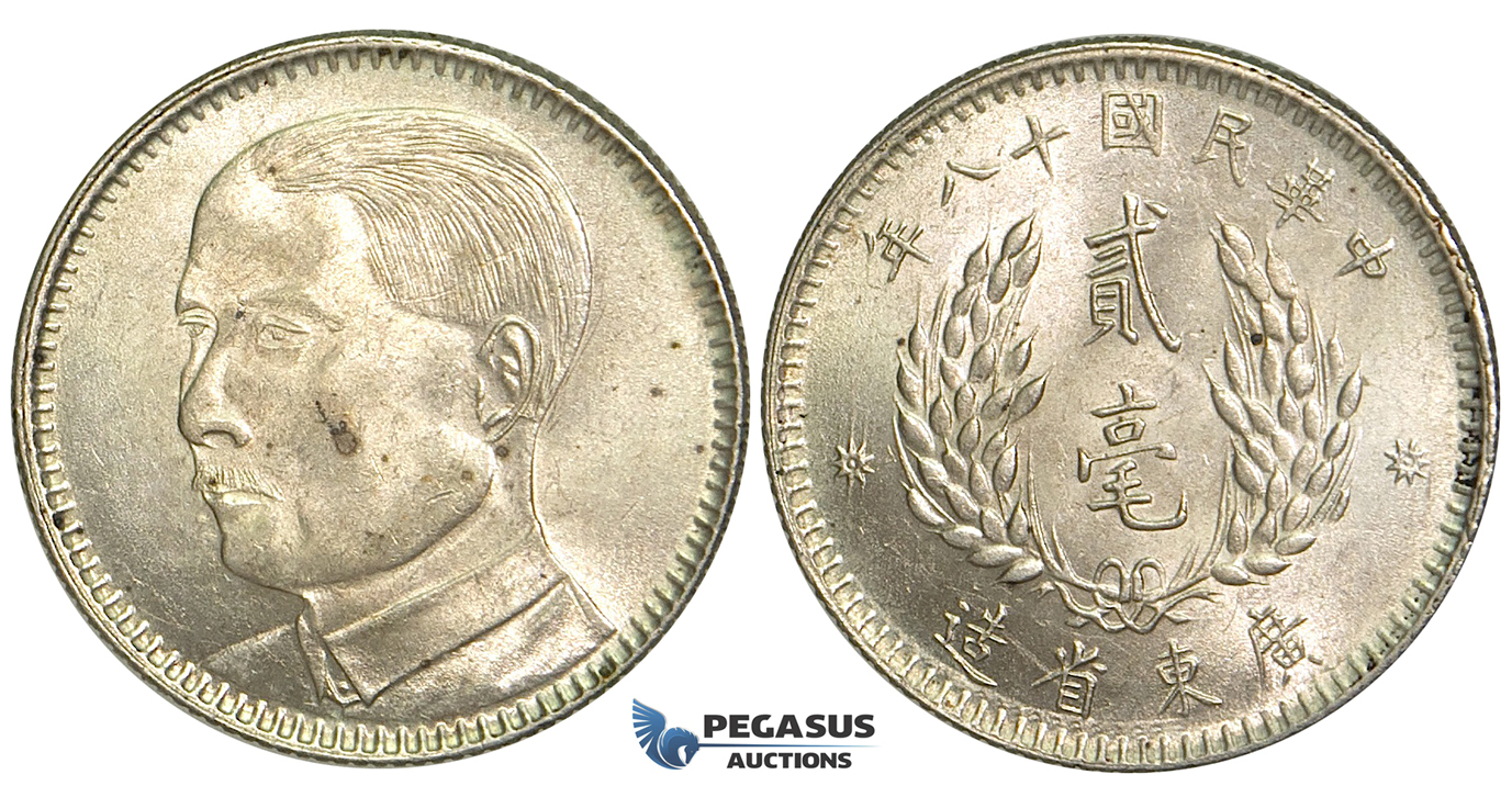 S73, China, Kwangtung, 20 Cents 1929, Silver, aUNC