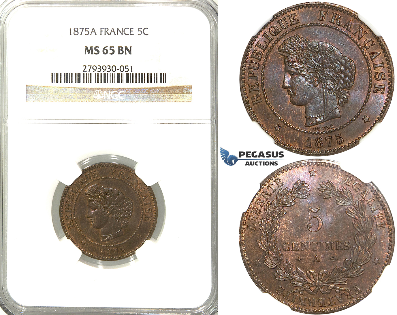 S84, France, Third Republic, 5 Centimes 1875-A, Paris, NGC MS65BN (Pop 1/1, Finest!)