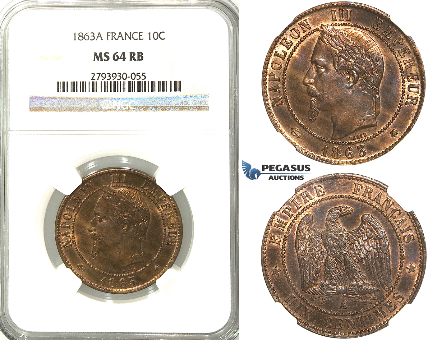 S89, France, Napoleon III, 10 Centimes 1863-A, Paris, NGC MS64RB
