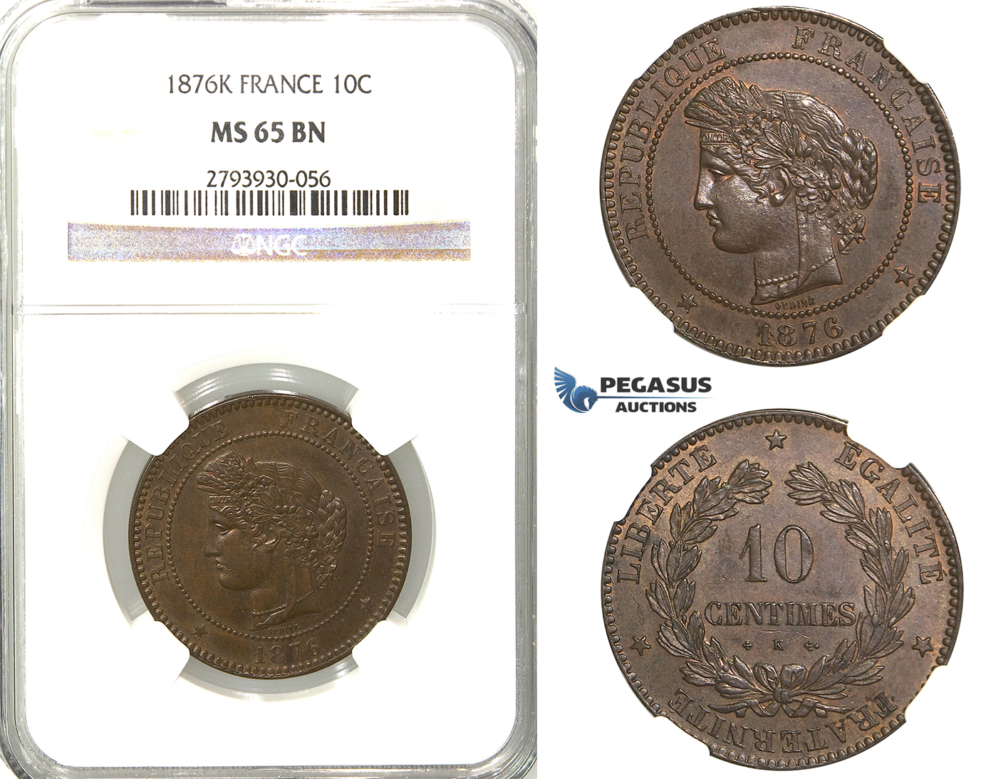 S90, France, Third Republic, 10 Centimes 1876-K, Bordeaux, NGC MS65BN, Very Rare! (Pop 1/1, Finest!)