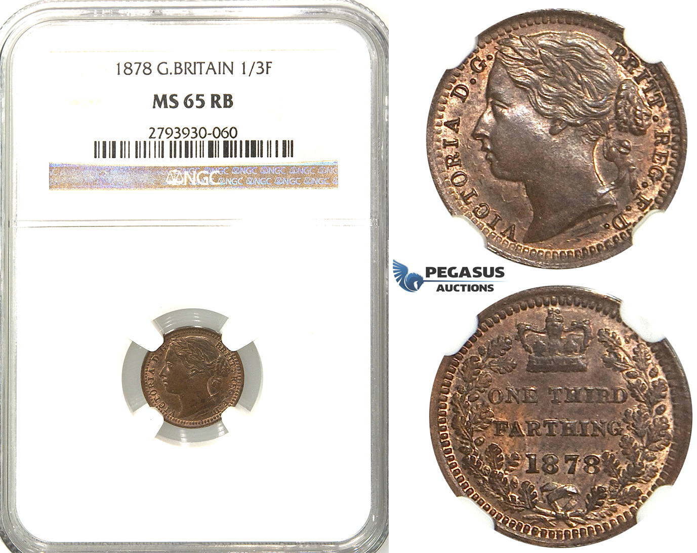 S95, Great Britain (For use in Malta) Victoria, 1/3 (Third) Farthing 1878, NGC MS65RB (Pop 1/2, No finer!)