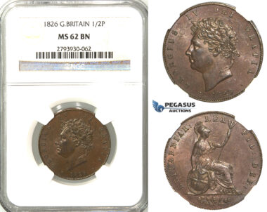S97, Great Britain, George IV, 1/2 (Half) Penny 1826, NGC MS62BN
