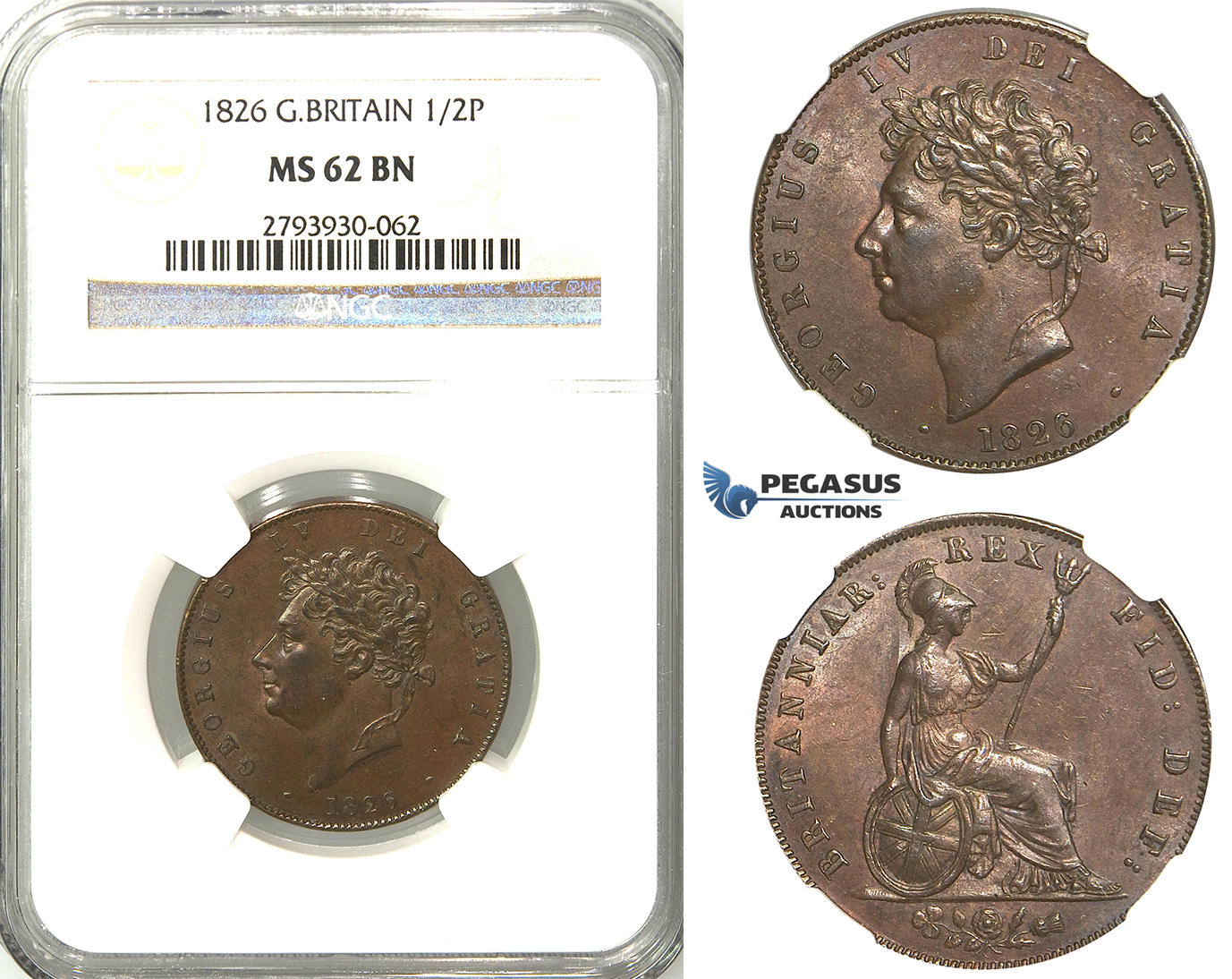 S97, Great Britain, George IV, 1/2 (Half) Penny 1826, NGC MS62BN
