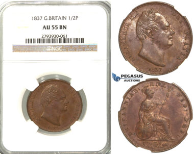 S98, Great Britain, William IV, 1/2 (Half) Penny 1837, NGC AU55BN