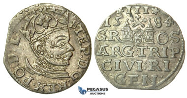 T005, Poland (for Riga) Stefan Bathory, 3 Groschen (Trojak) 1584, Riga, Silver (2.43g) High Grade!