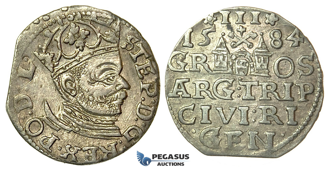 T005, Poland (for Riga) Stefan Bathory, 3 Groschen (Trojak) 1584, Riga, Silver (2.43g) High Grade!