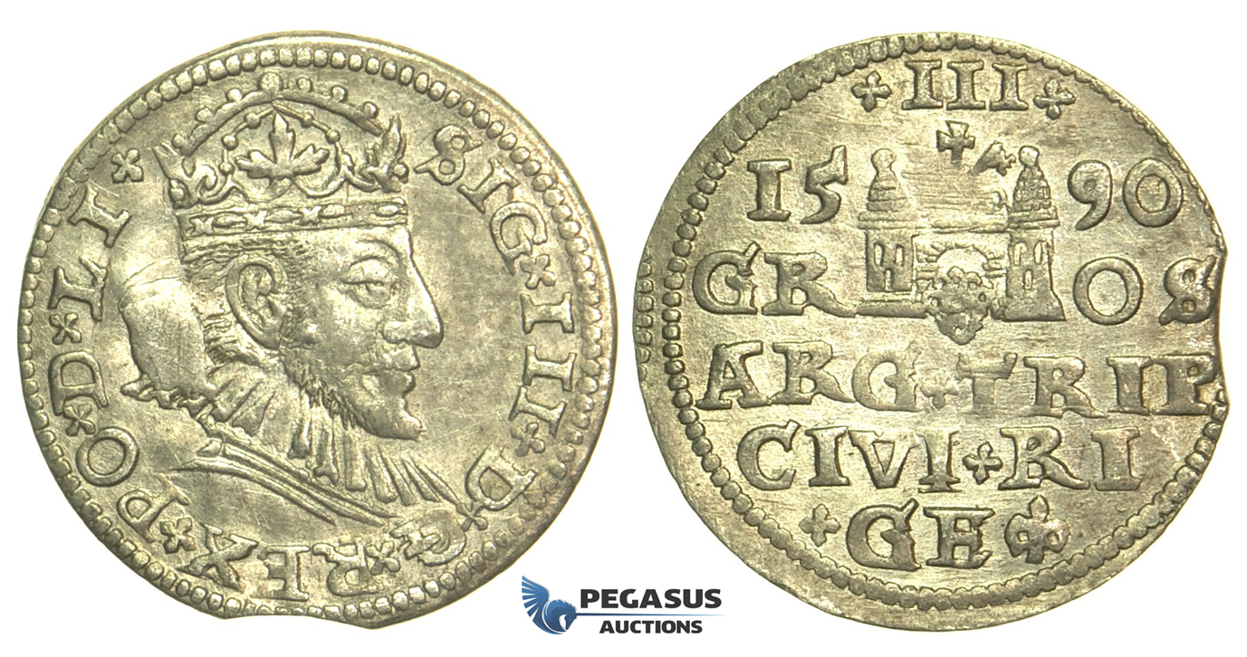 T10, Poland (for Riga) Sigismund III, 3 Groschen (Trojak) 1590, Riga, Silver (2.26g)