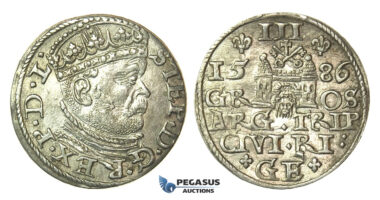 T102, Poland (for Riga) Stefan Bathory, 3 Groschen (Trojak) 1586, Riga, Silver (2.36g) High Grade!