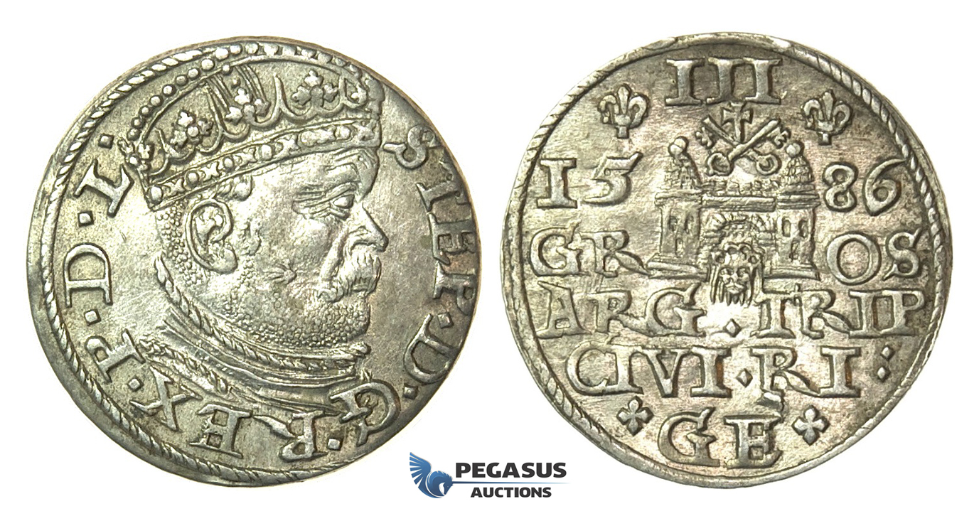 T102, Poland (for Riga) Stefan Bathory, 3 Groschen (Trojak) 1586, Riga, Silver (2.36g) High Grade!