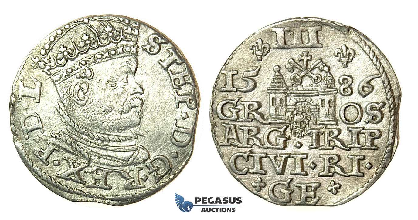 T104, Poland (for Riga) Stefan Bathory, 3 Groschen (Trojak) 1586, Riga, Silver (2.41g) High Grade!