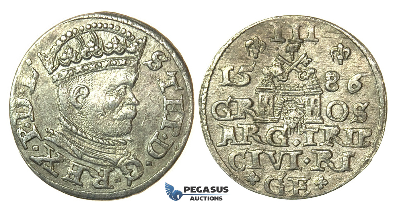T105, Poland (for Riga) Stefan Bathory, 3 Groschen (Trojak) 1586, Riga, Silver (2.24g) High Grade!